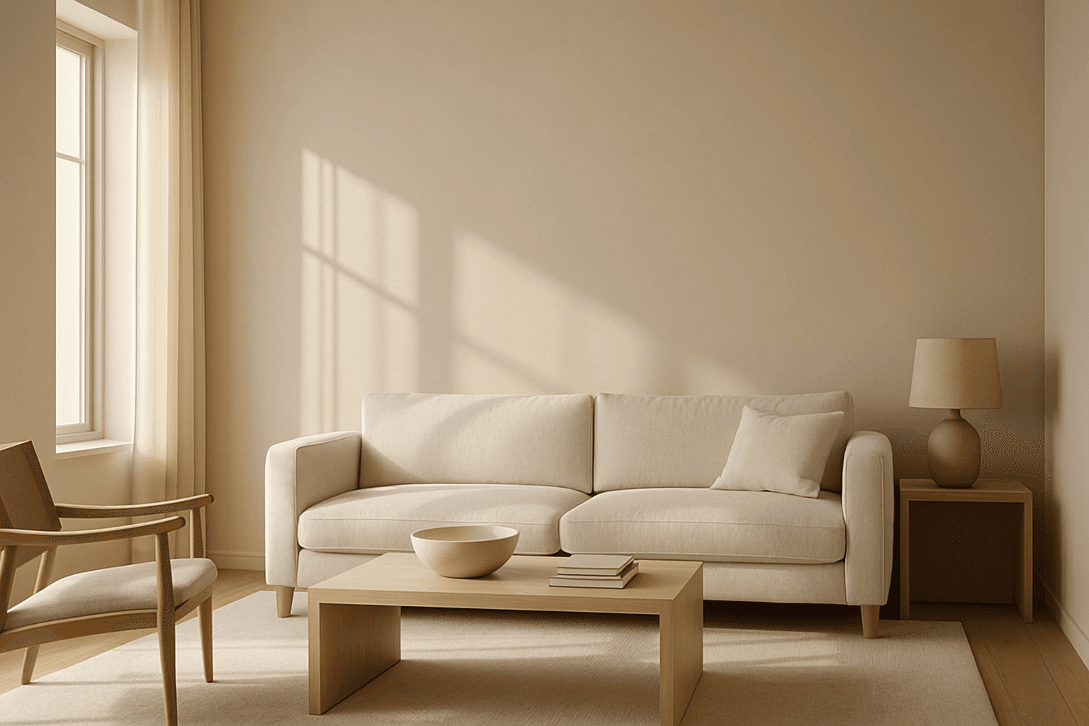 Modern interior room illuminated by soft natural window lighting casting gentle shadows