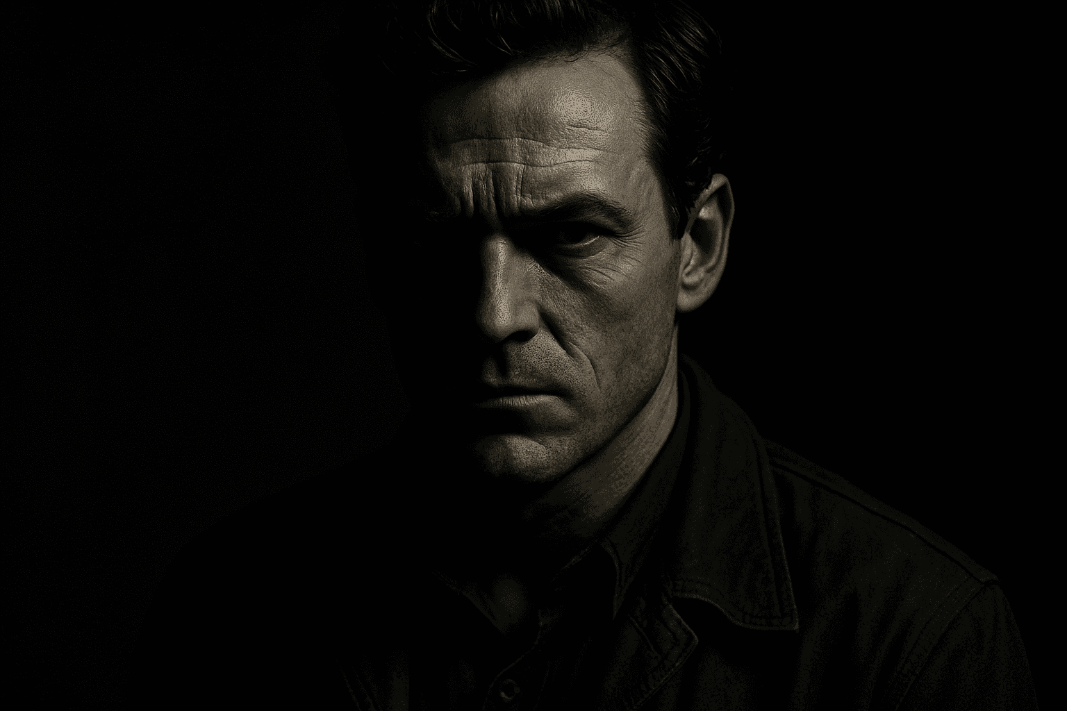 Portrait of person illuminated by dramatic noir lighting with strong shadows and high contrast