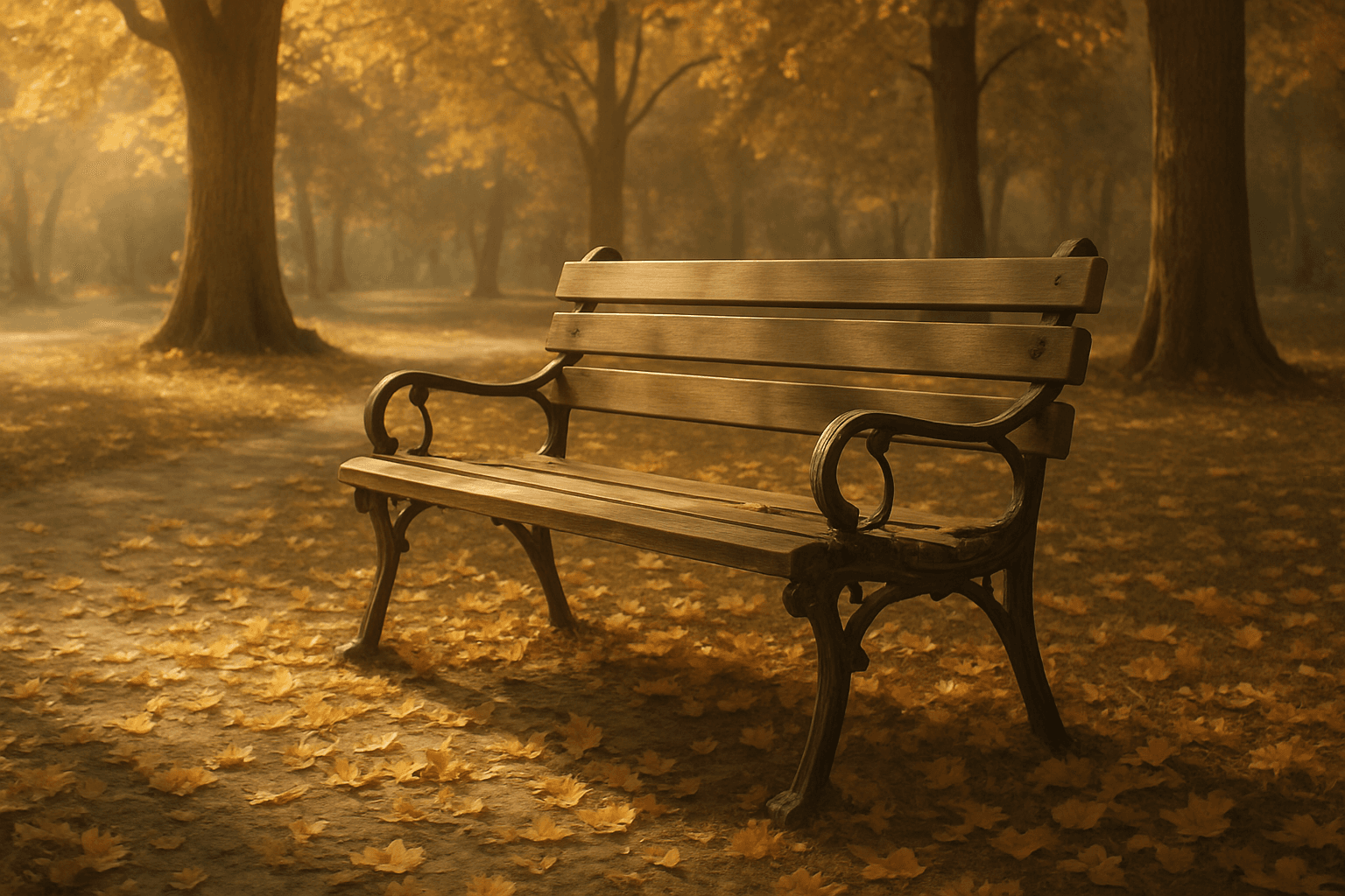 Warm sunlit autumn park bench evoking nostalgic memories with soft shadows and golden hues