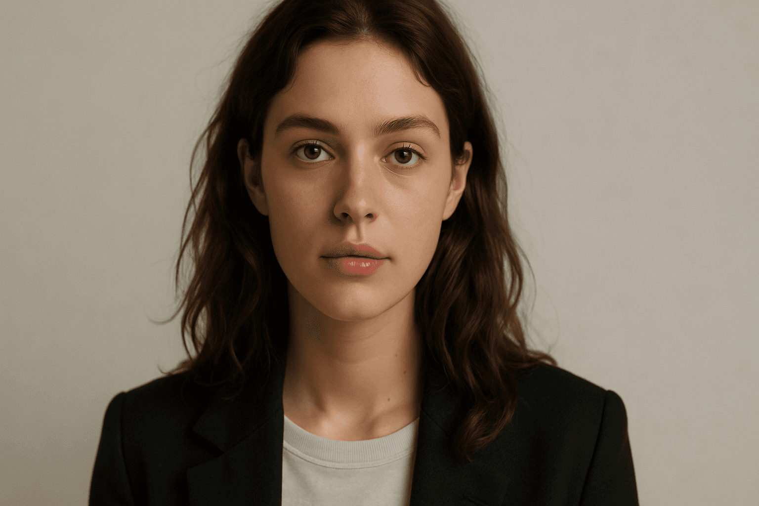 Portrait of a young woman illuminated by soft, even overhead diffused lighting with natural tones and subtle shadows