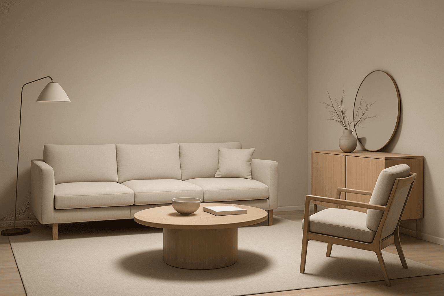 Photo-realistic interior scene with overhead lighting casting natural shadows
