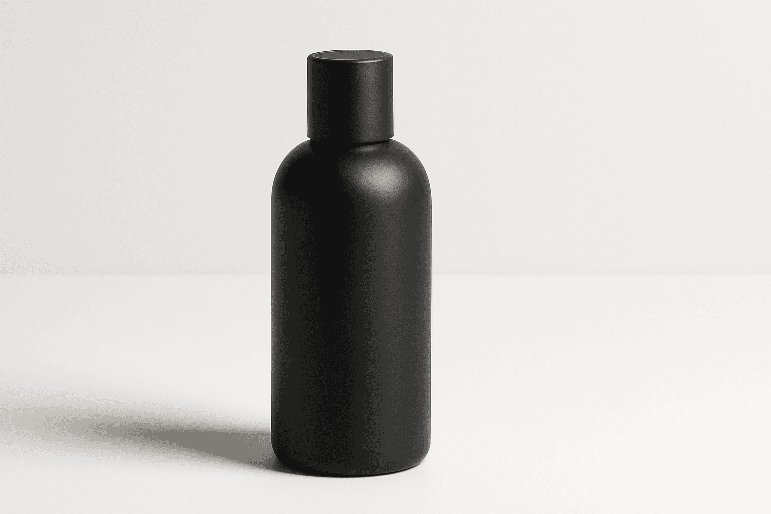 Realistic packaging mockup of a matte black bottle on clean white background with premium lighting
