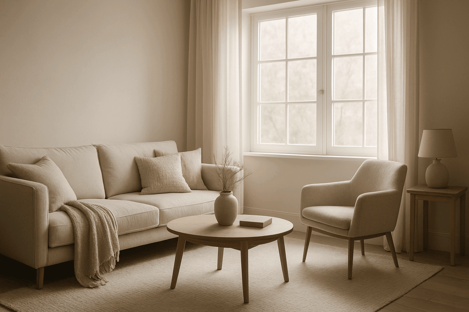 Calm minimalist living room with soft natural light creating a peaceful atmosphere