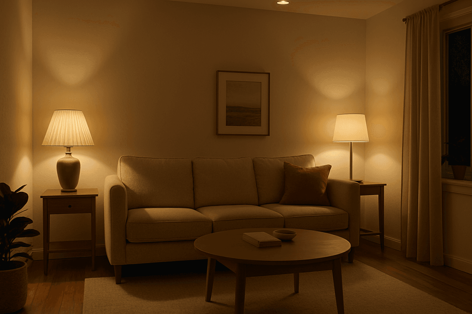Warm interior scene illuminated by practical table lamps casting soft, realistic shadows