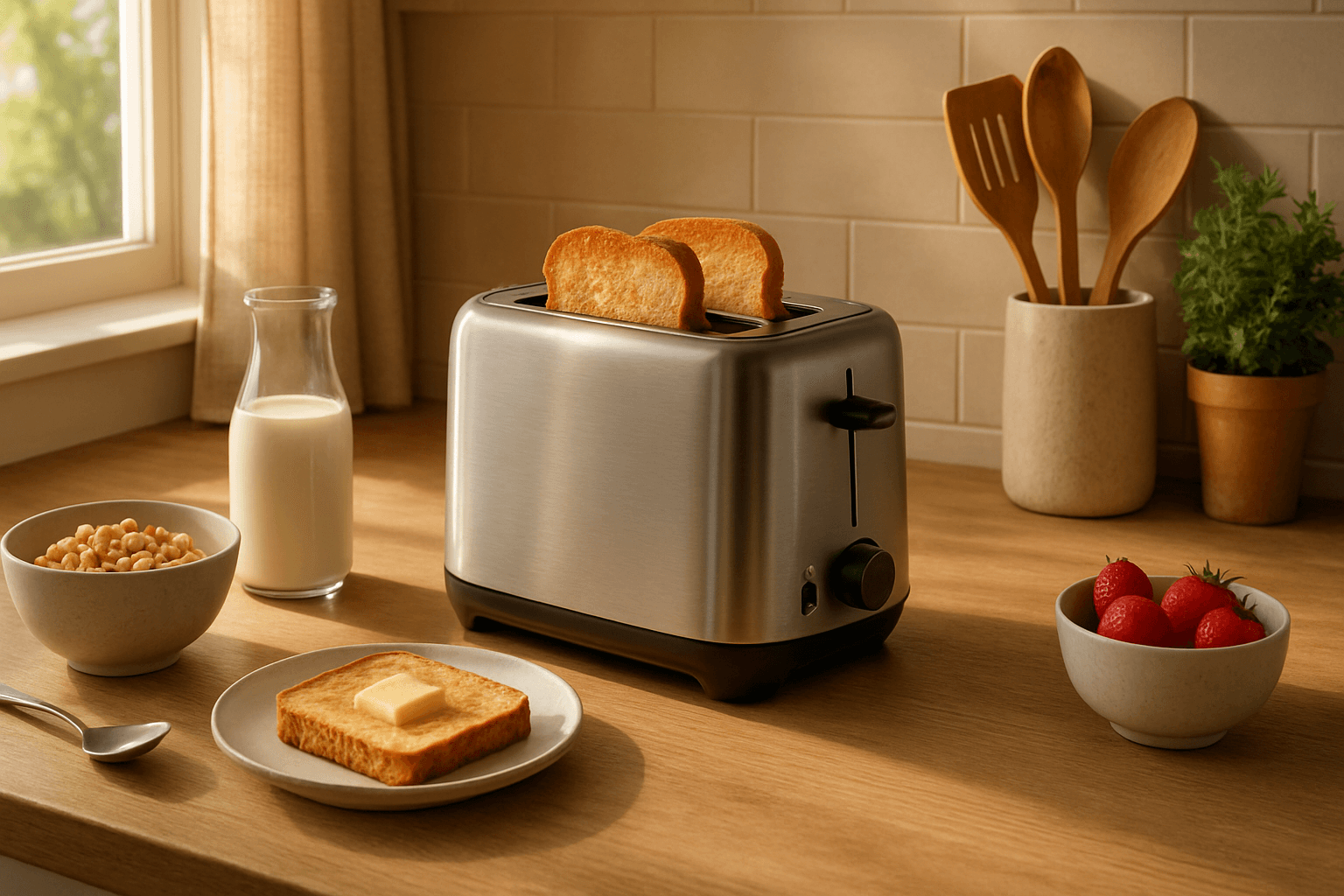 Product displayed in a cozy modern kitchen setting with natural morning sunlight, styled as product lifestyle photography