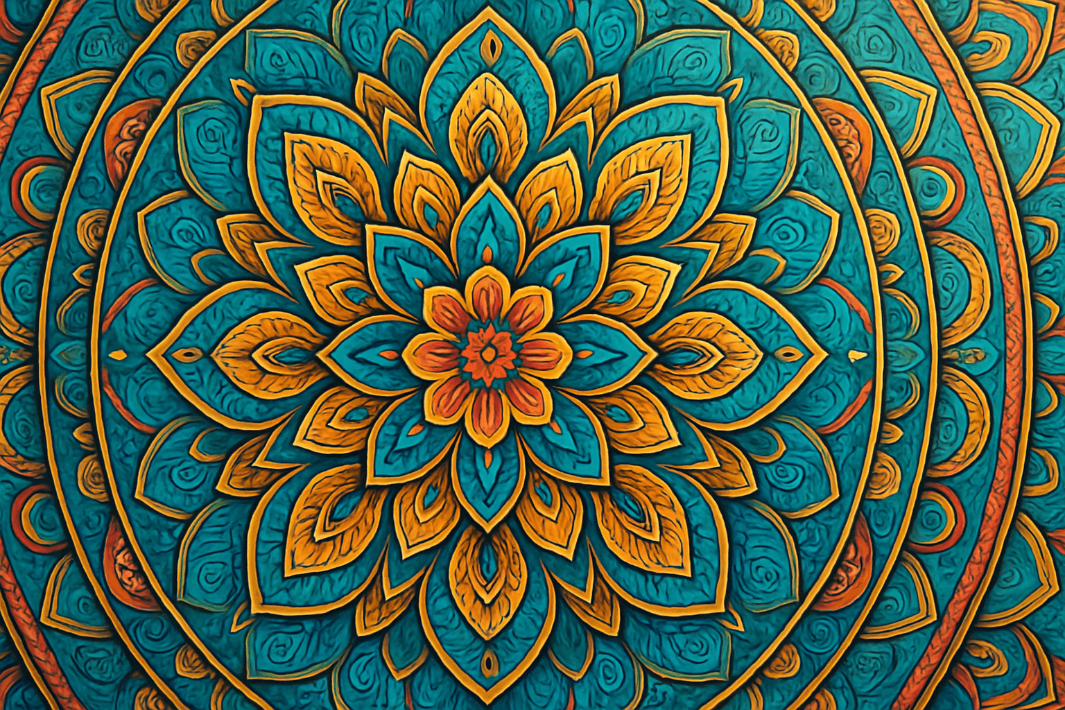 Intricate mandala pattern showcasing radial symmetry with balanced circular elements and vibrant colors