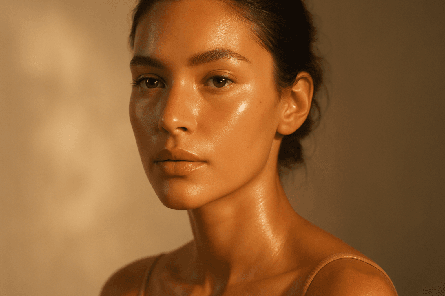 Portrait of woman bathed in soft radiant glow warm light with realistic skin texture