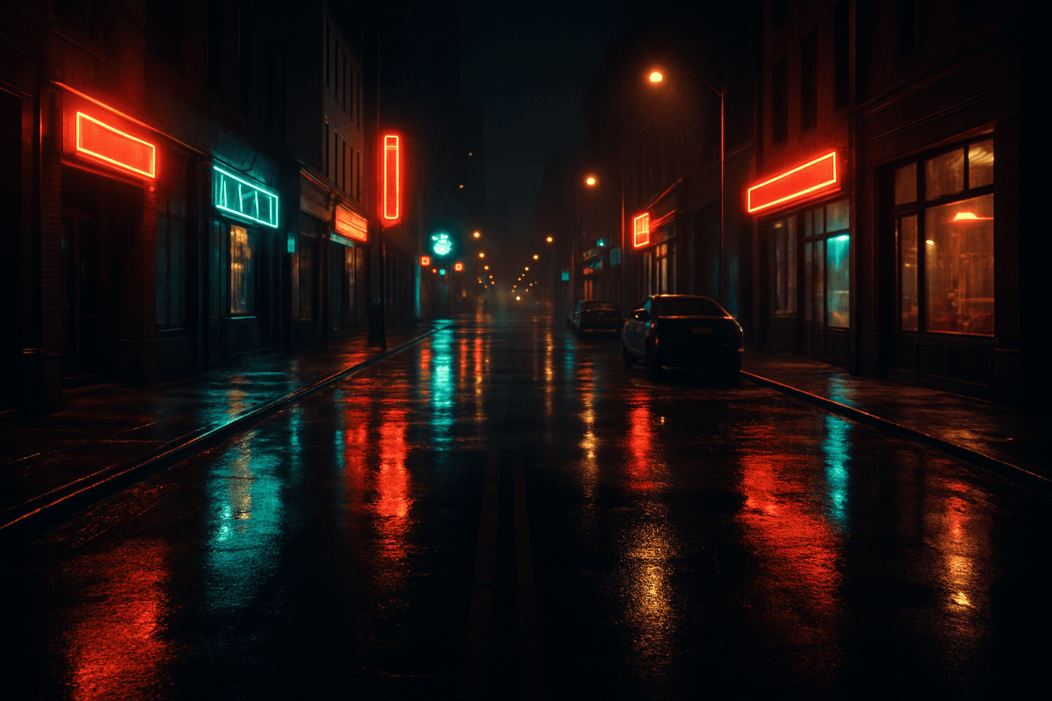 Urban street at night with rain-slicked pavement reflecting neon lights