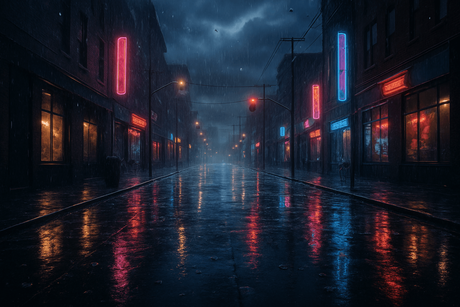 City street illuminated by neon lights under a rainy atmosphere with wet reflective pavement and overcast sky