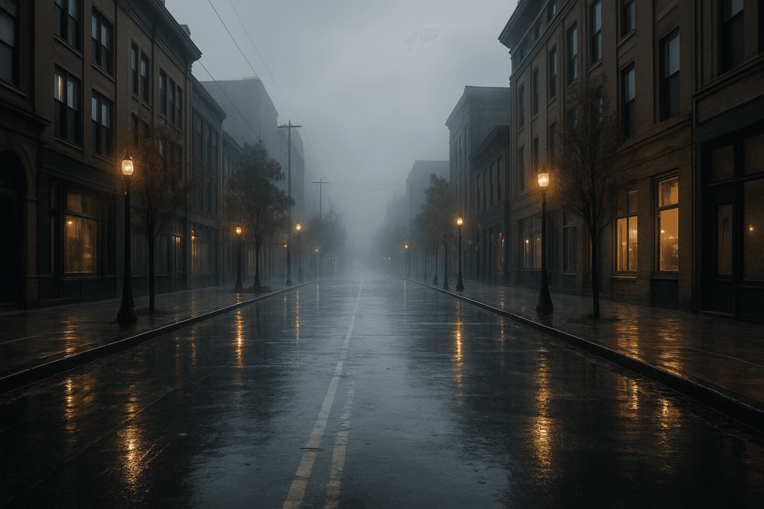 A moody urban street scene under rain with wet reflective pavements and diffused lighting