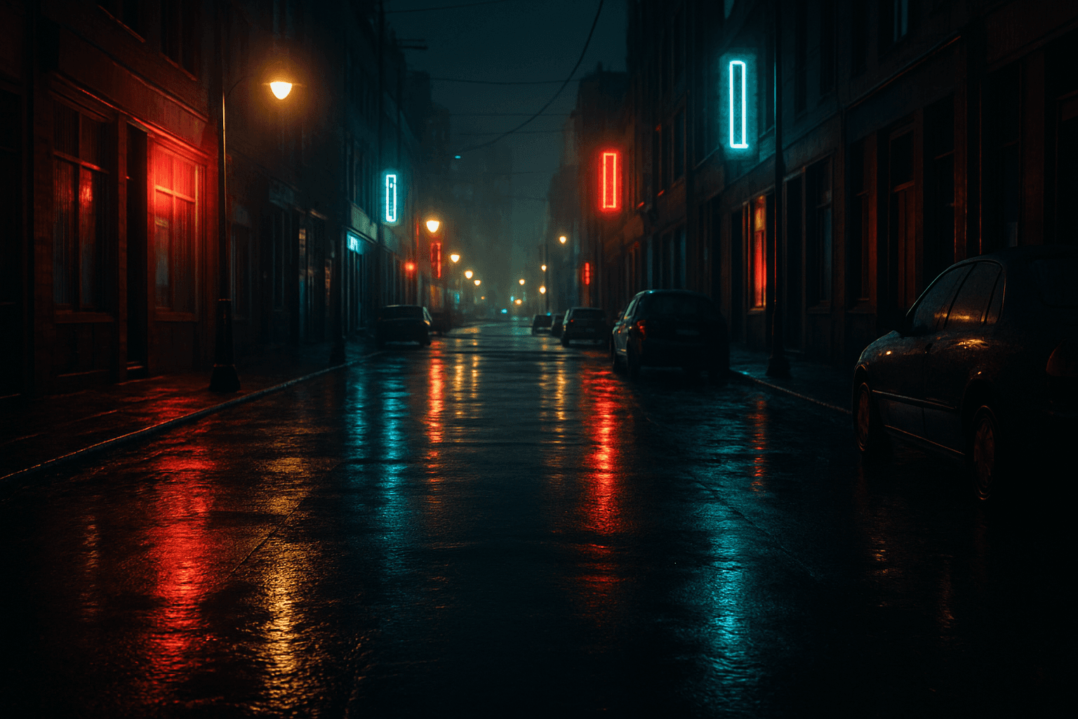 Street scene at night with wet rainy pavement reflecting city lights creating a moody atmosphere