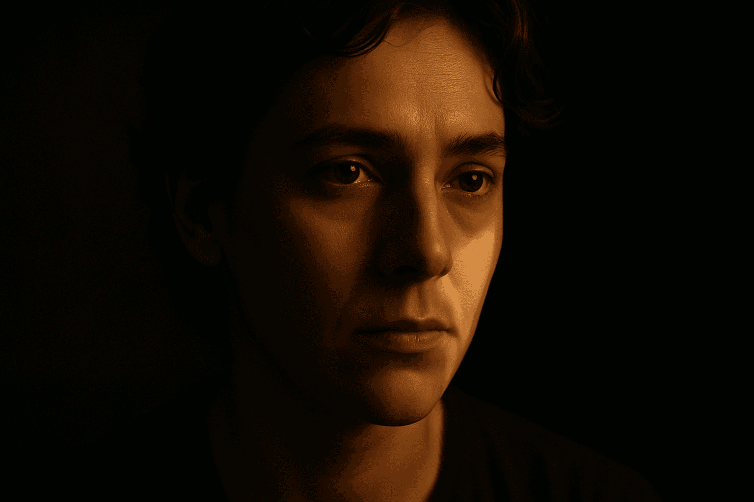 Portrait of a person illuminated with Rembrandt lighting technique showcasing a distinct triangular light patch on the cheek