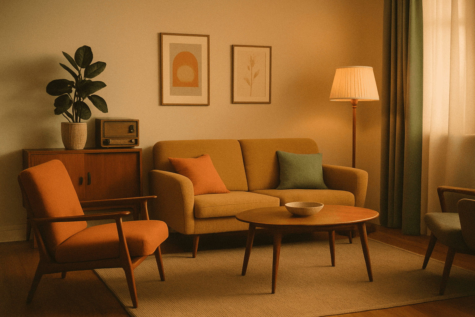Vintage style living room interior with retro furniture and muted warm lighting