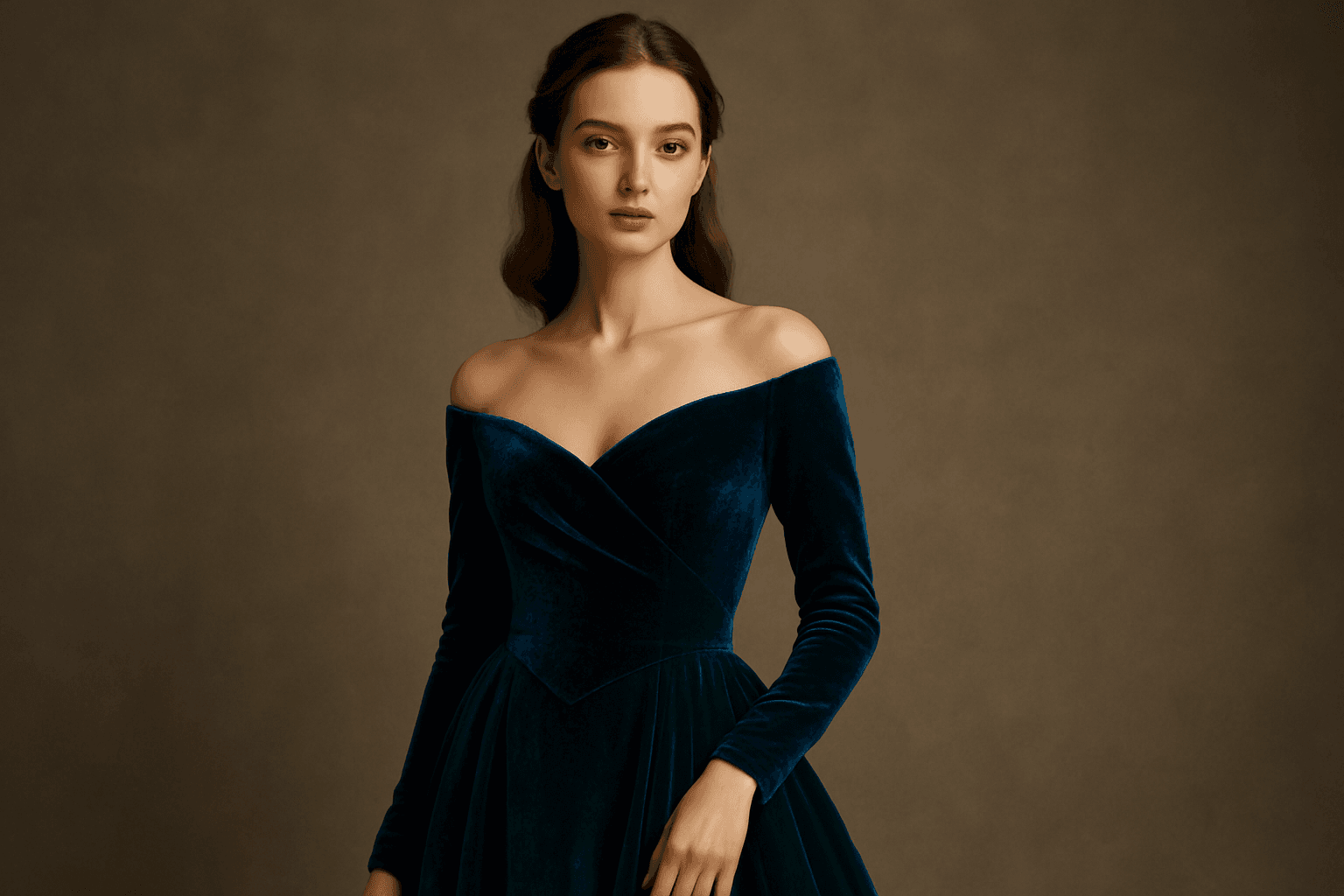 Luxurious fashion portrait featuring rich jewel tone palette with deep sapphire and emerald hues
