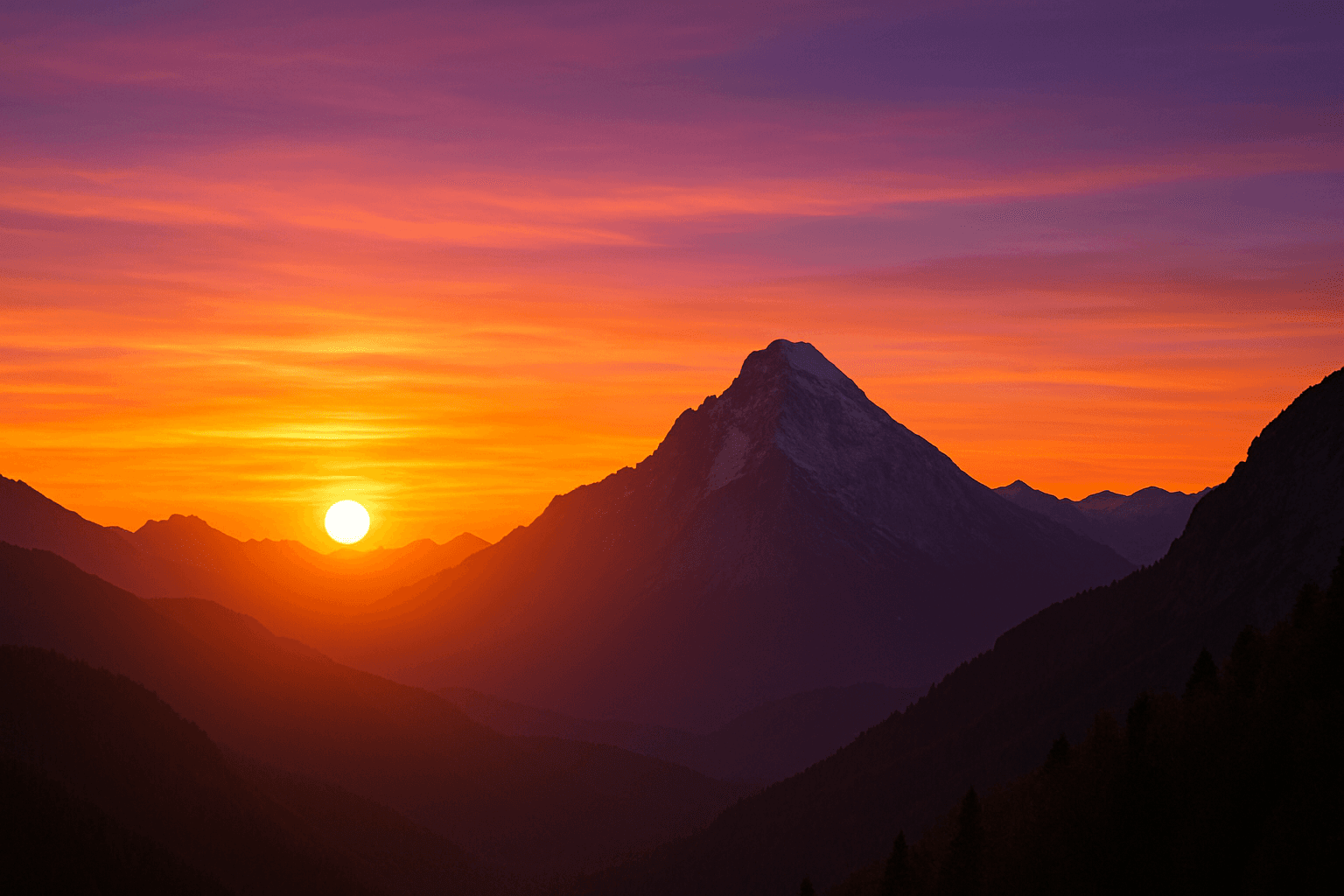 Landscape photograph with mountain sunset composed using Rule of Thirds grid