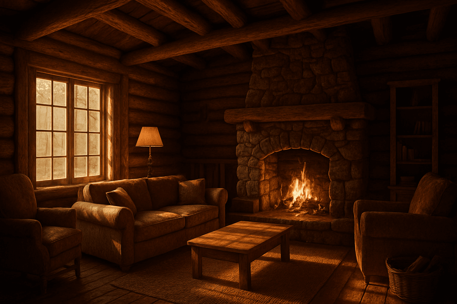 Cozy rustic cabin interior with warm lighting and wooden textures
