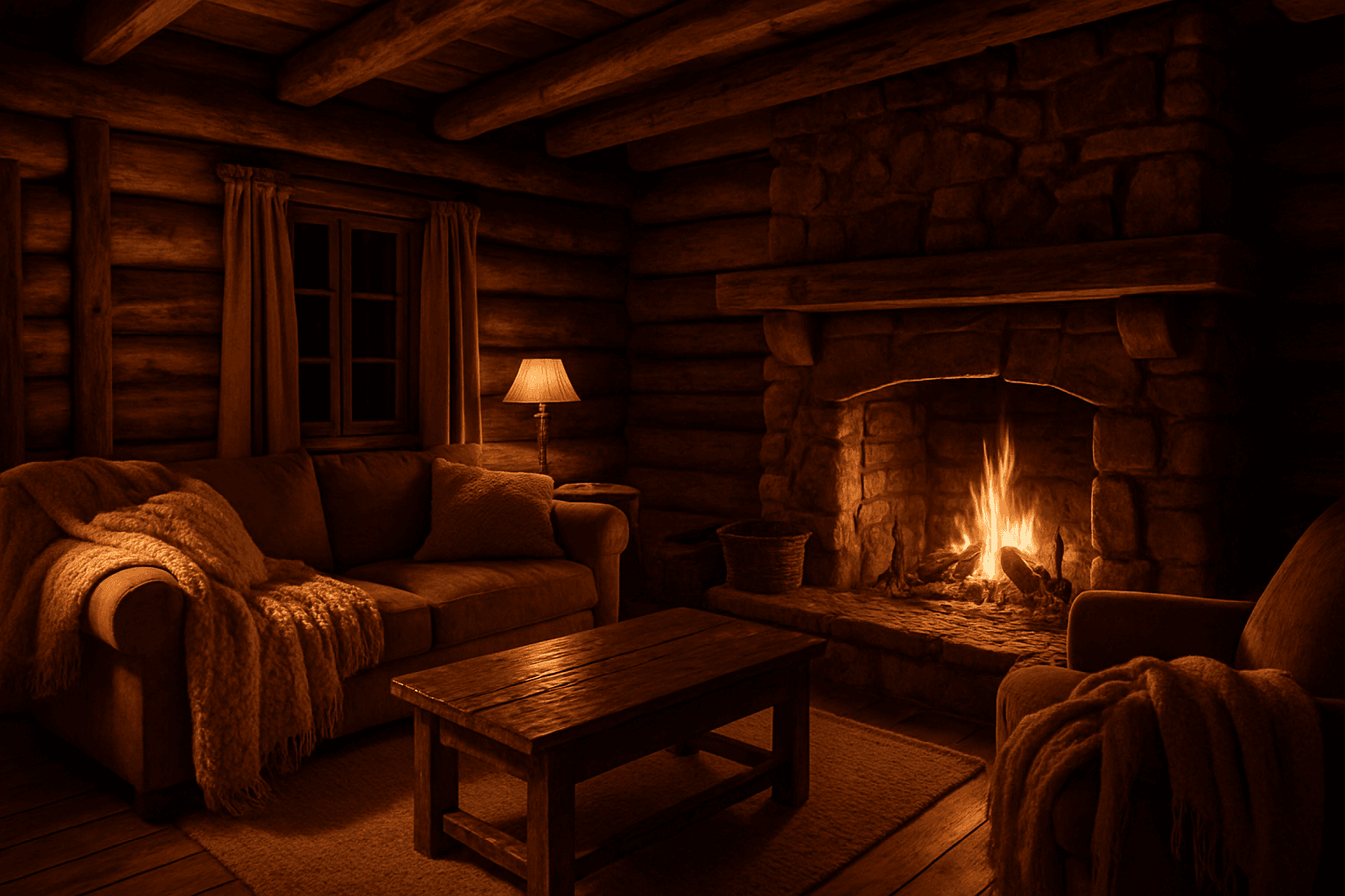 Cozy rustic cabin interior with warm glowing firelight and wooden textures