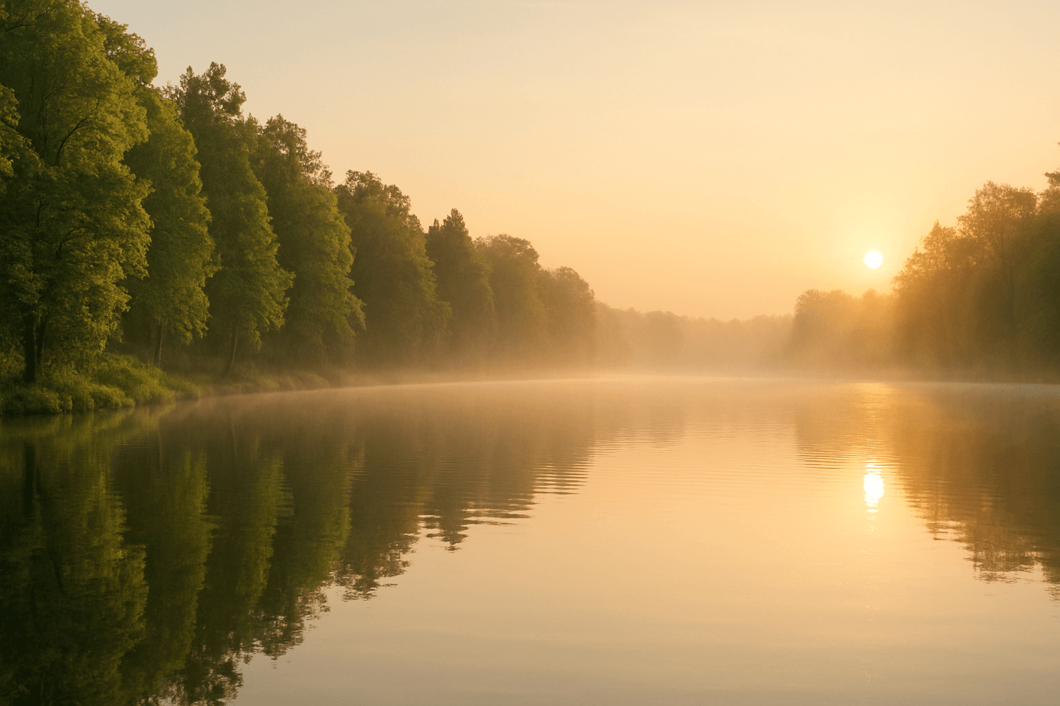 Peaceful morning at a serene lake with calm water and soft natural light reflecting lush greenery