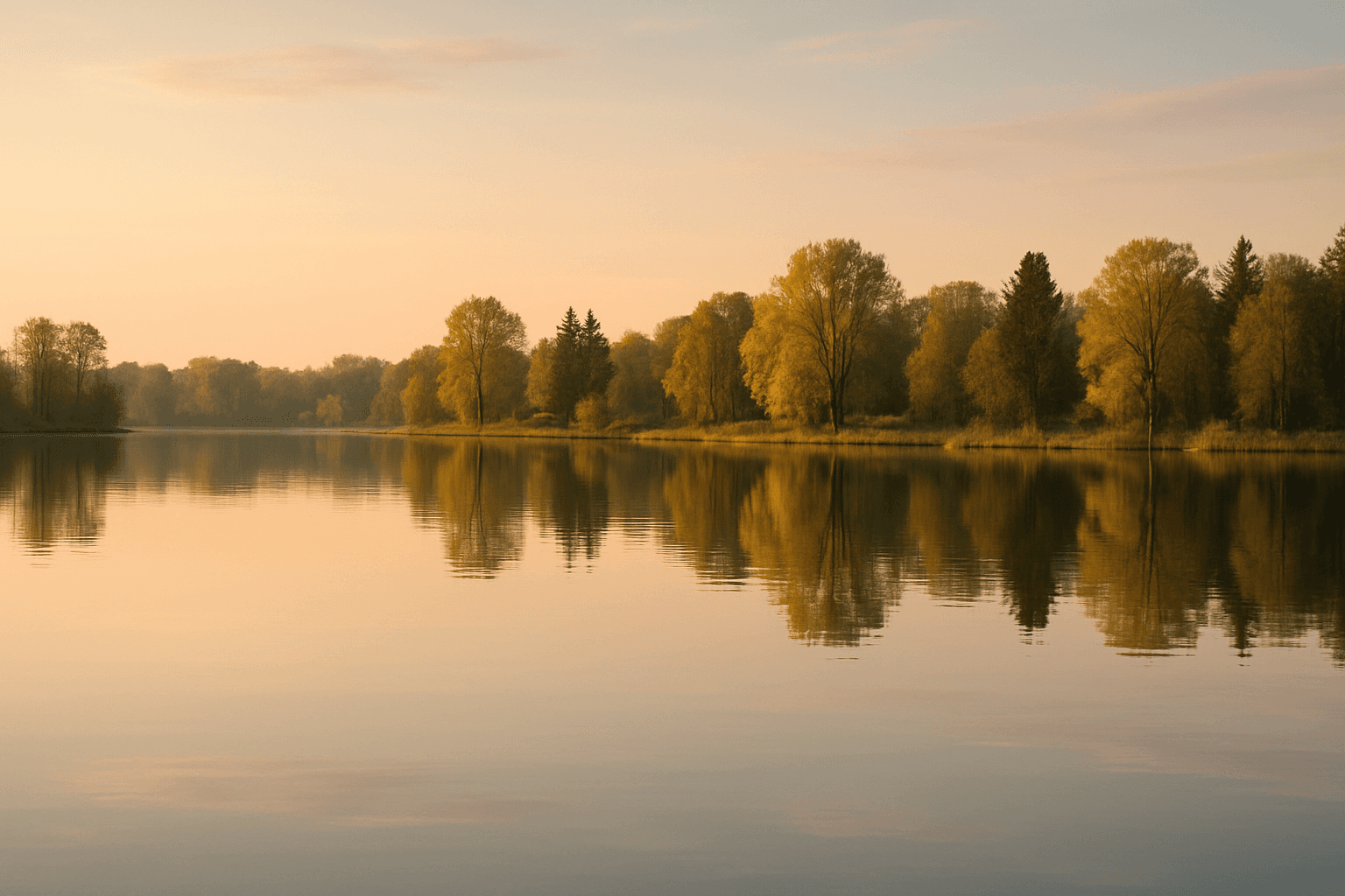 A tranquil lake with a serene water surface reflecting surrounding trees and a pastel sky at sunrise