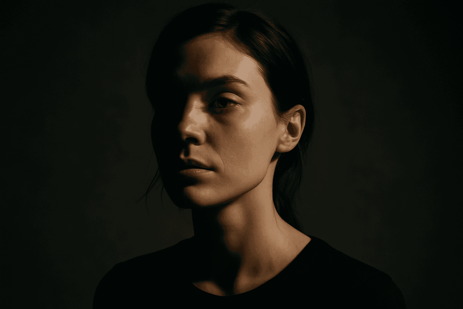 Portrait of a woman with dramatic side lighting casting deep shadows and highlights