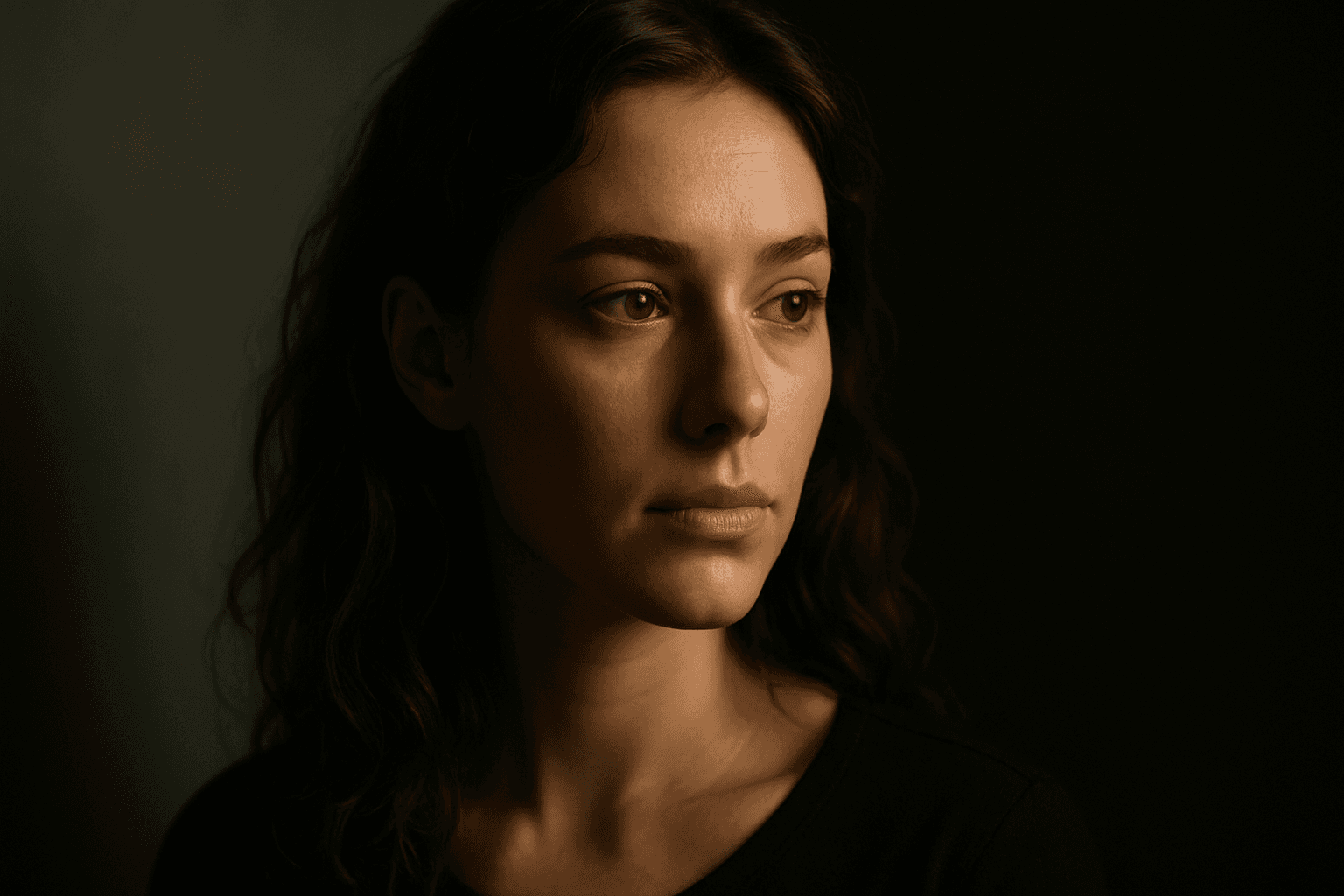 Portrait of a woman illuminated with side lighting creating dramatic shadows and depth