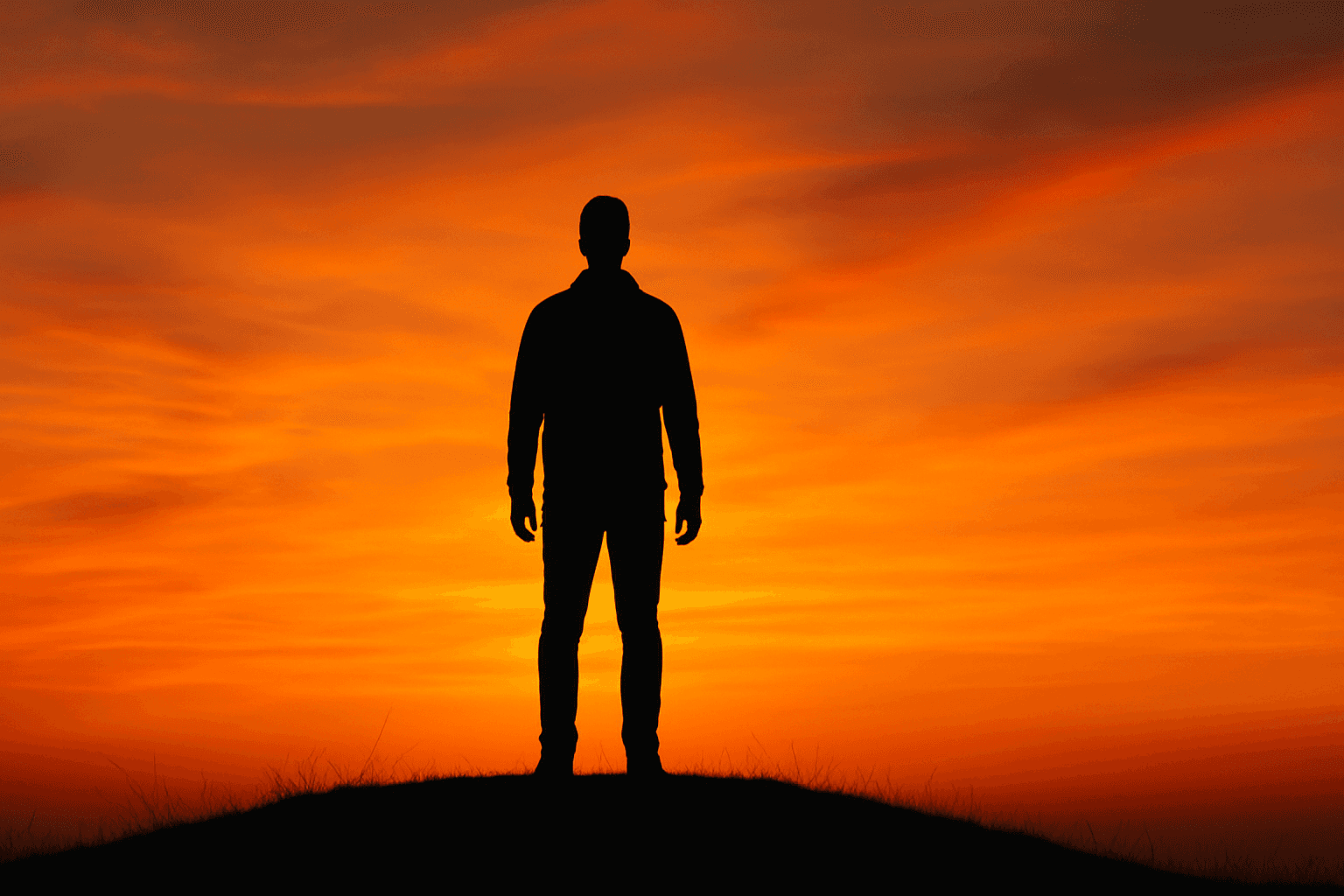 Silhouette of a person standing against a vibrant orange sunset sky with strong backlighting