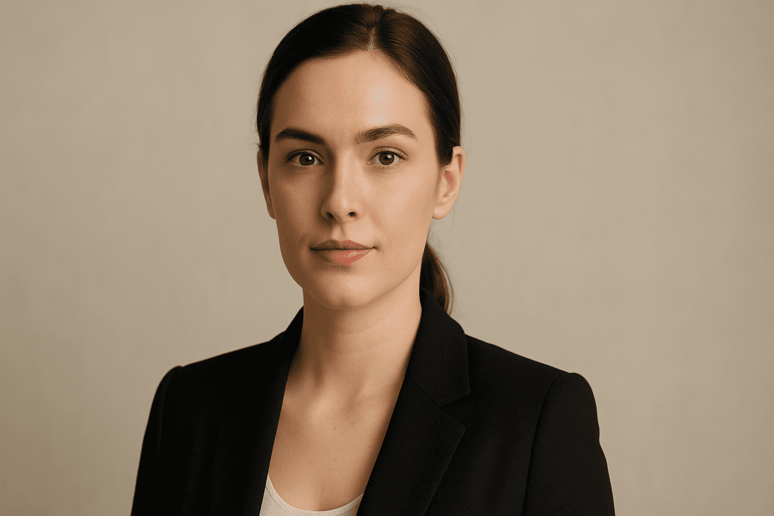 AI generated social media profile photo of a professional young woman with natural lighting and neutral background