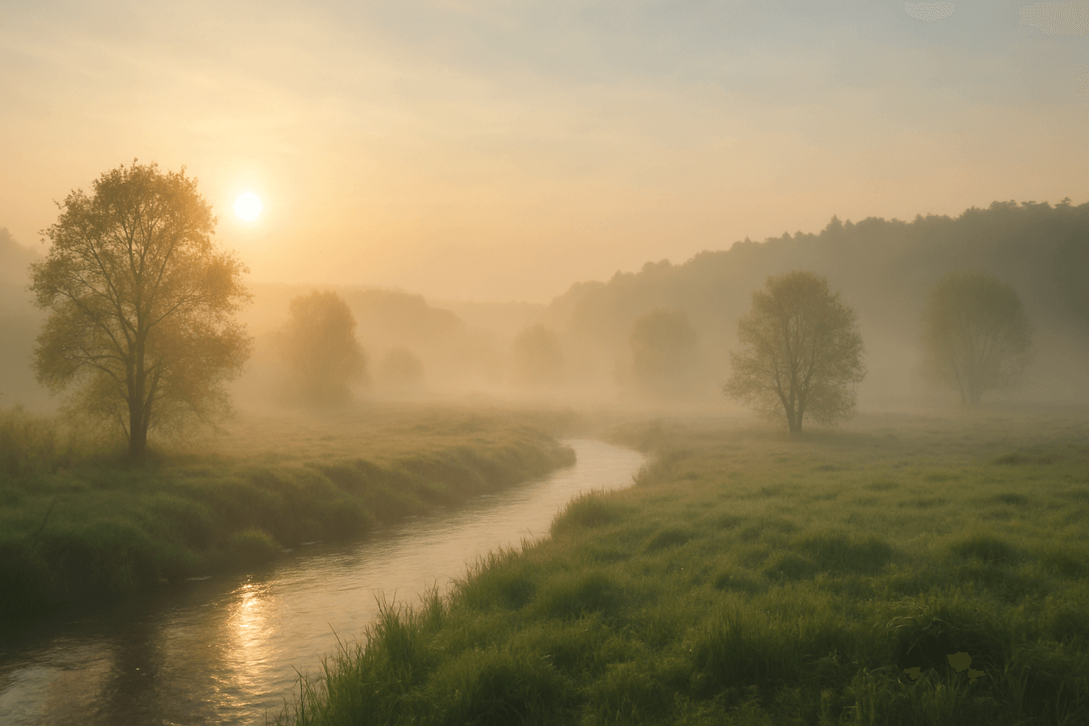 Modern landscape with soft ambient fog creating gentle mist and diffused morning light