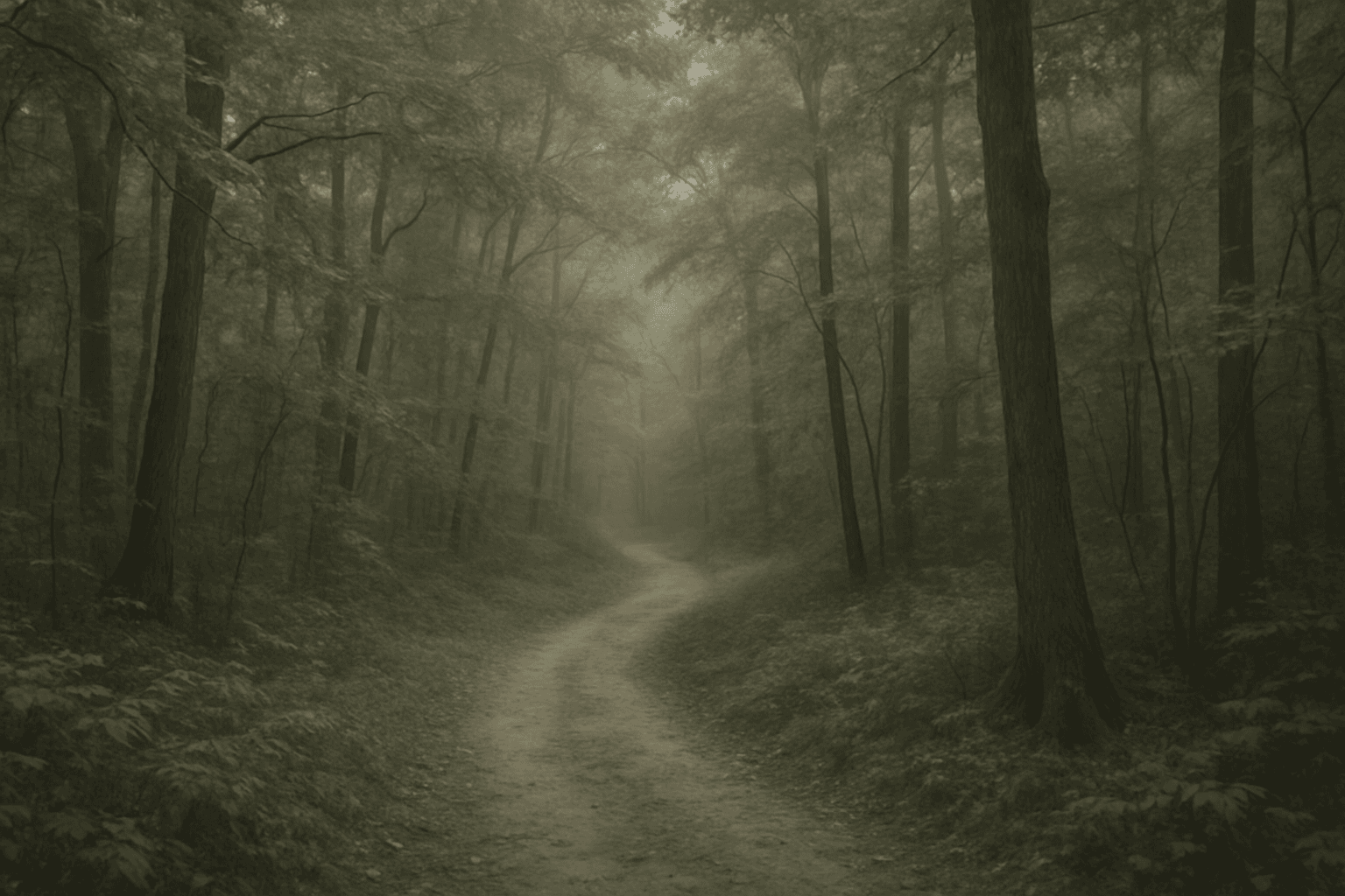 calm forest scene with soft desaturated palette showing muted greens and browns
