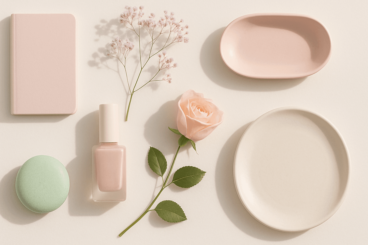 Elegant flat lay of objects featuring a soft pastel color palette with muted pink, lavender, and cream hues