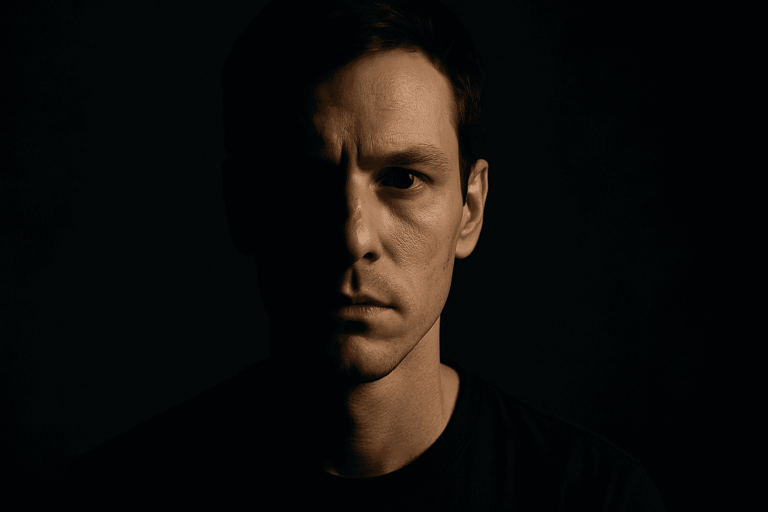 Portrait using split lighting technique with one half of the face bright and the other in shadow