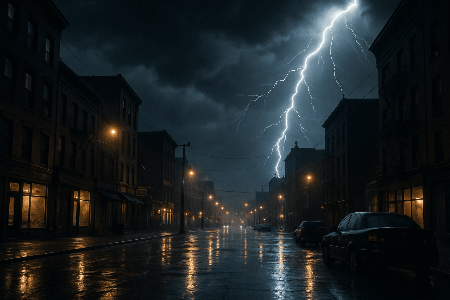 Dark thunderstorm clouds over a wet urban street illuminated by lightning