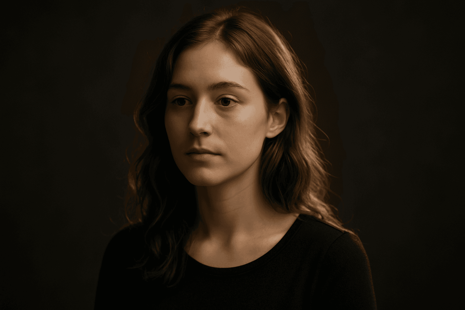 Portrait of a woman softly illuminated with subtle rim lighting highlighting her hair and shoulders against a neutral background