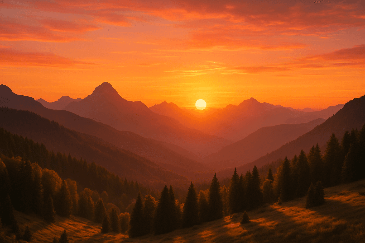 Scenic landscape with warm orange and pink sunset glow atmosphere illuminating mountains and clouds