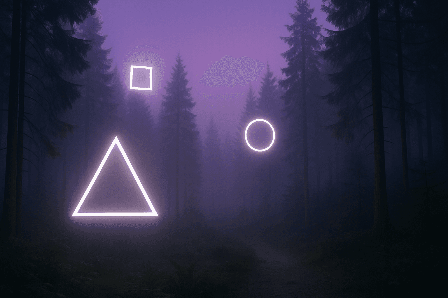 Dreamlike surreal atmosphere with floating geometric shapes in a misty violet forest