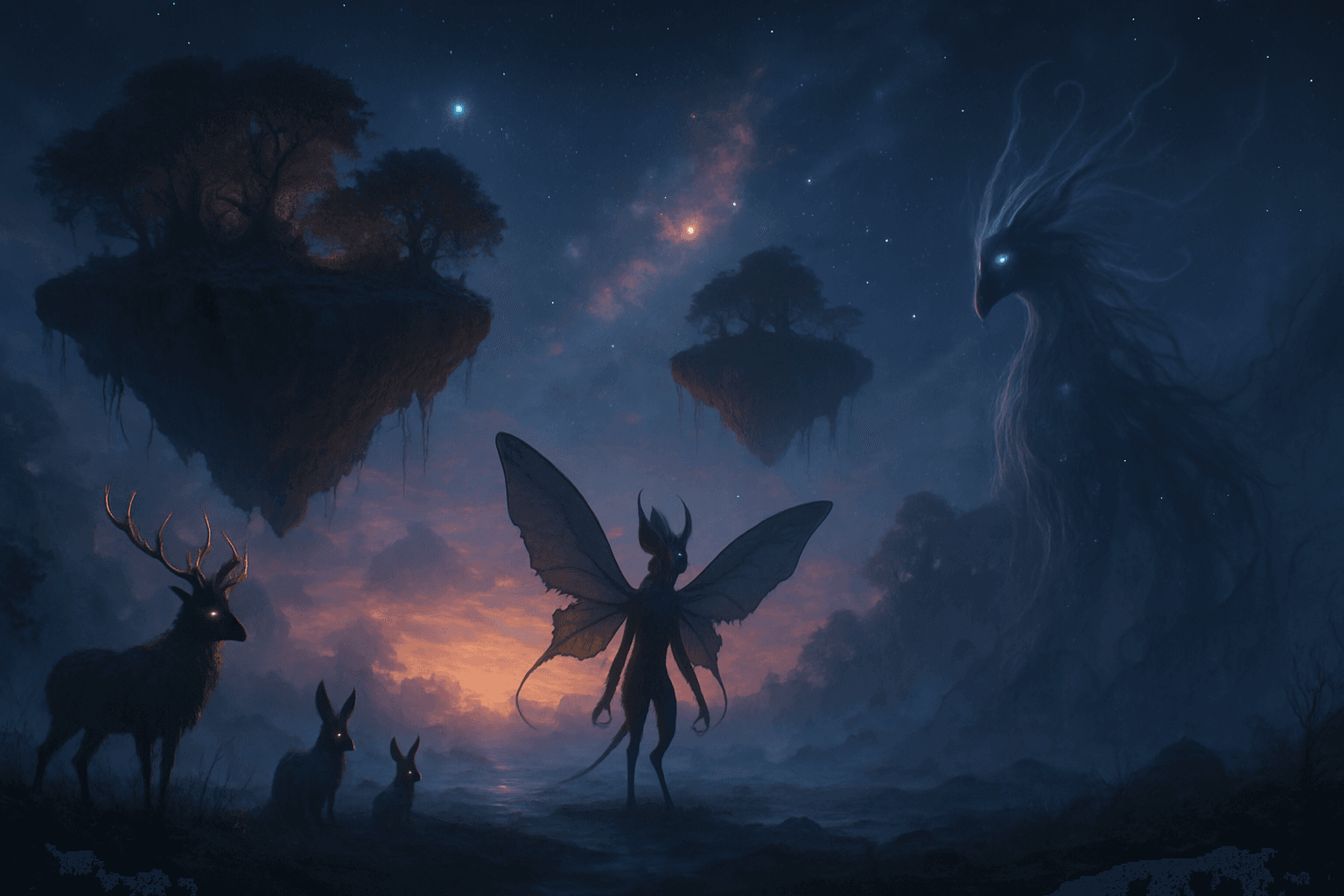 Surreal fantasy scene with floating islands, mystical creatures, and glowing twilight sky