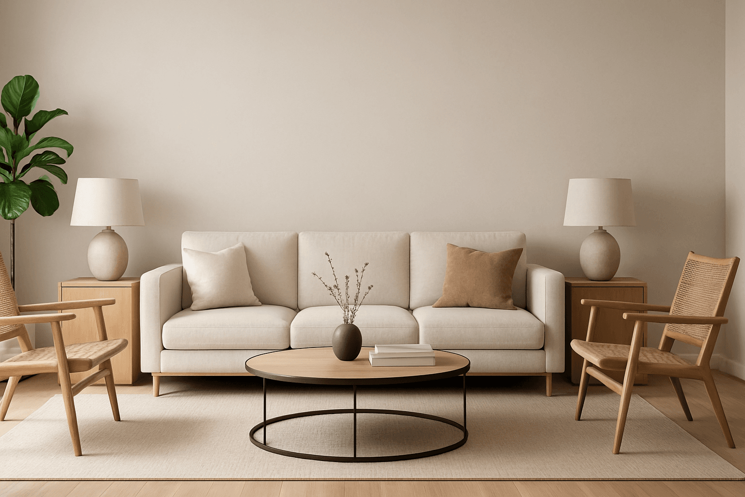 Modern interior design with symmetrical balance showcasing mirror-like arrangement and refined lighting