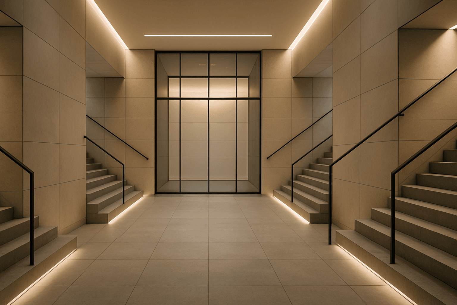 AI-generated image demonstrating perfect symmetry and balanced composition in a modern architectural interior, with even lighting and clean lines