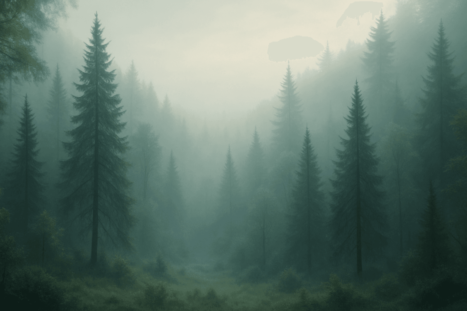 Serene natural landscape with soft, tranquil mist enveloping trees and gently diffused light