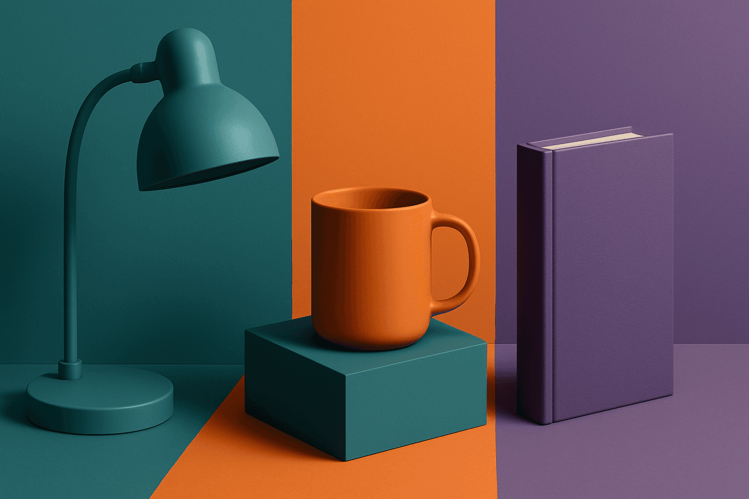 Vibrant modern composition showcasing a triadic color scheme of teal, orange, and purple with clean lighting and realistic materials