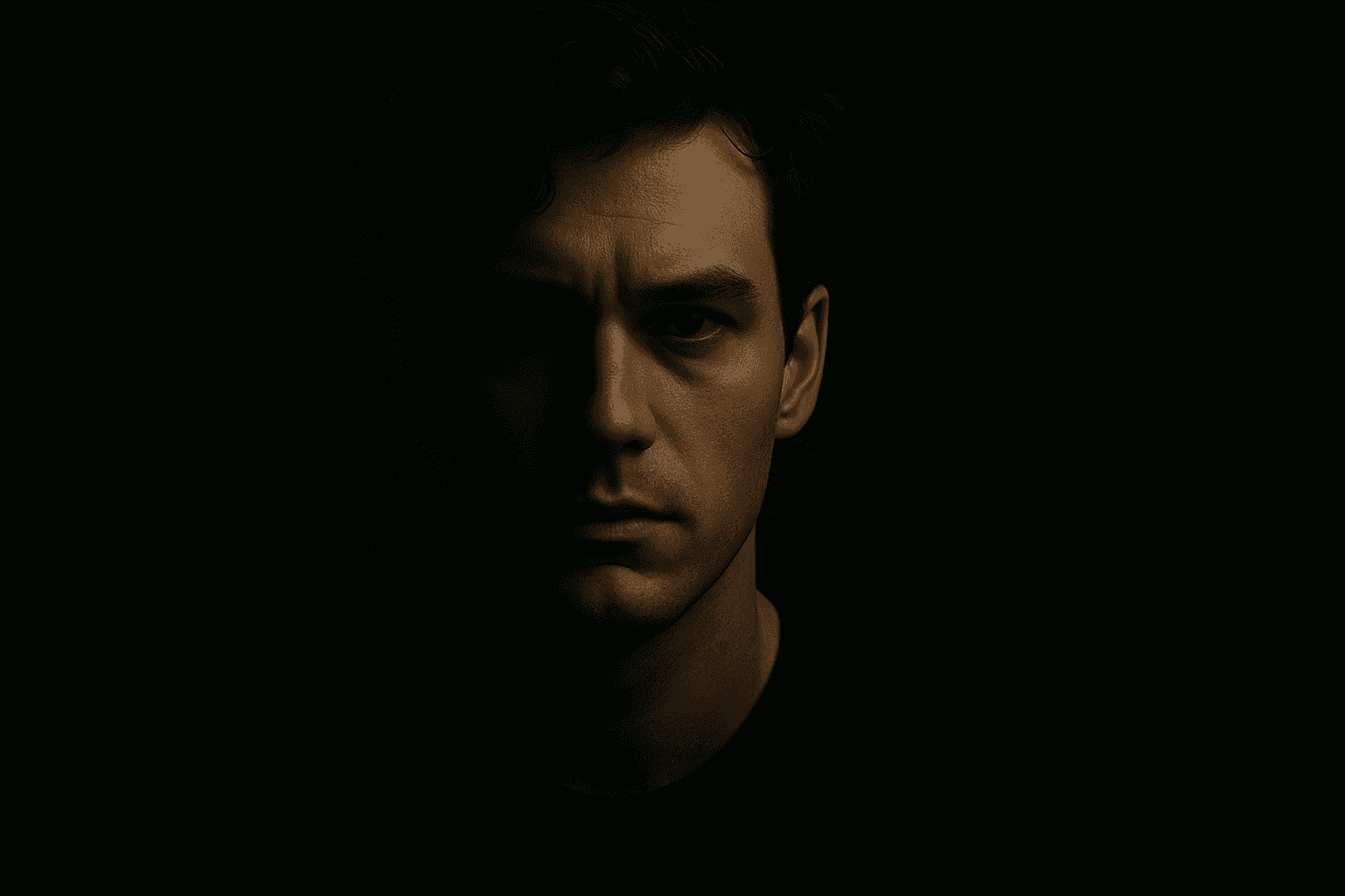 Portrait illuminated with underexposed mood lighting showing deep shadows and cinematic ambiance