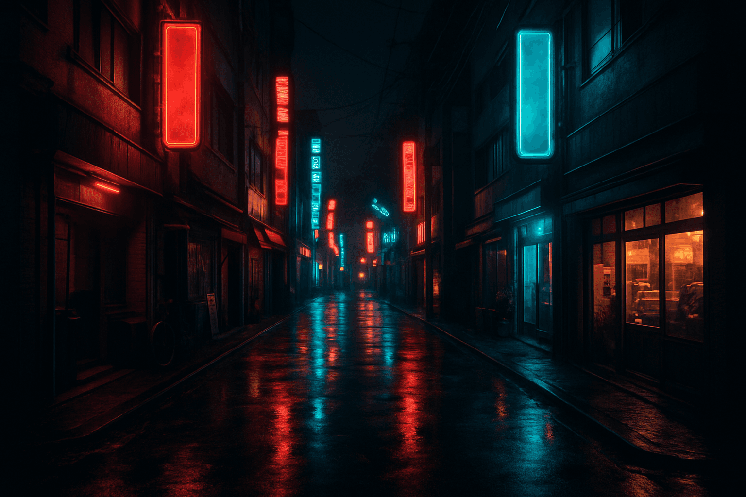 Nighttime urban street with glowing neon signs and wet pavement reflecting light