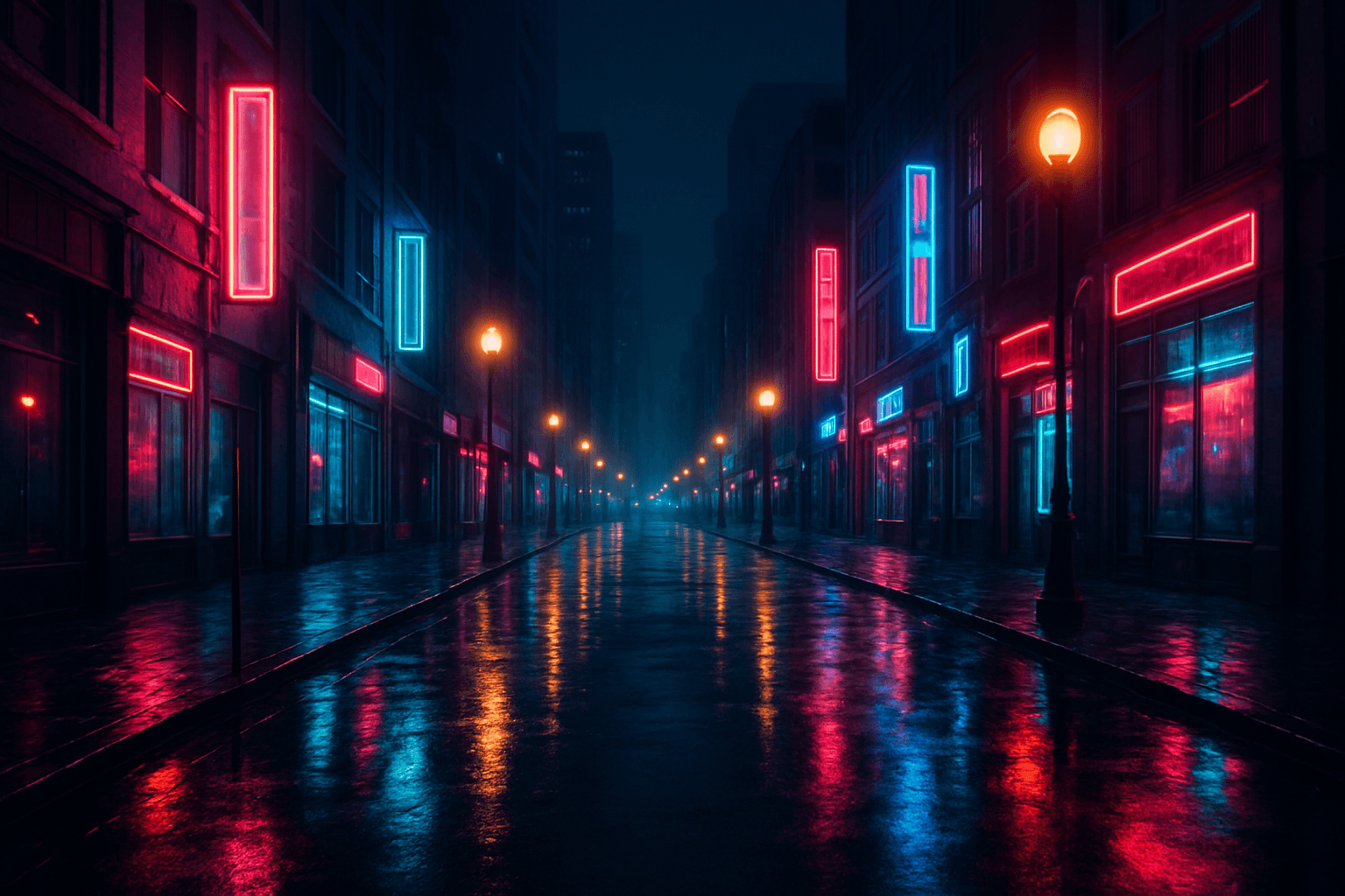 A cinematic urban cityscape at night with glowing streetlamps and reflective wet pavement