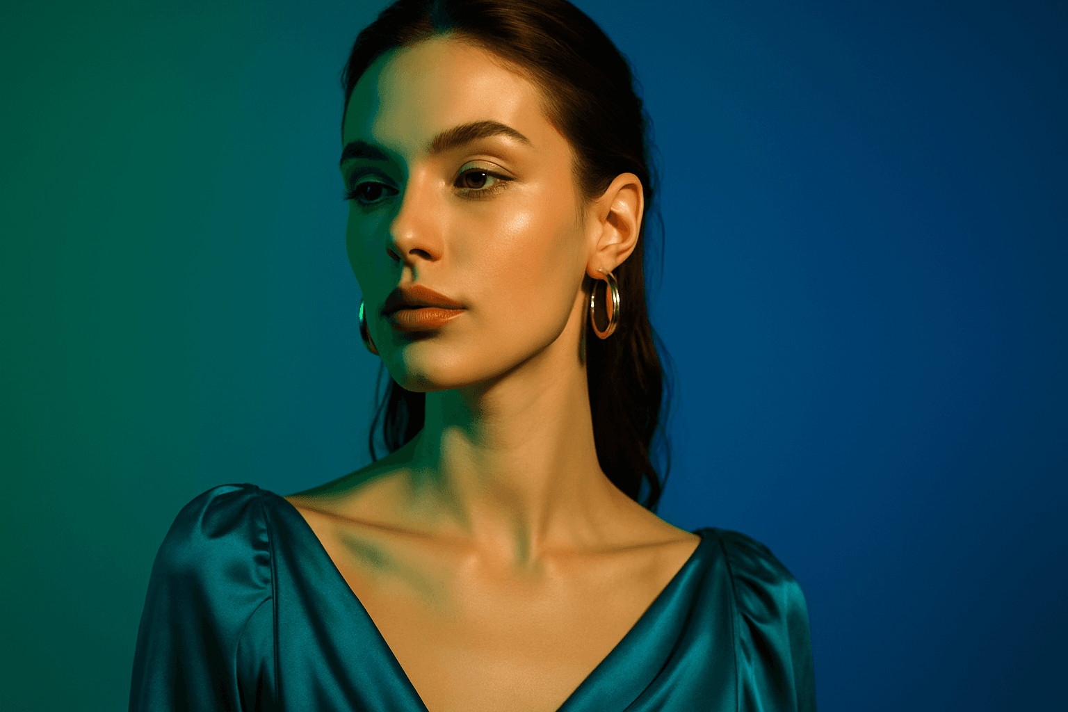 Luxurious fashion portrait with vibrant jewel tone lighting