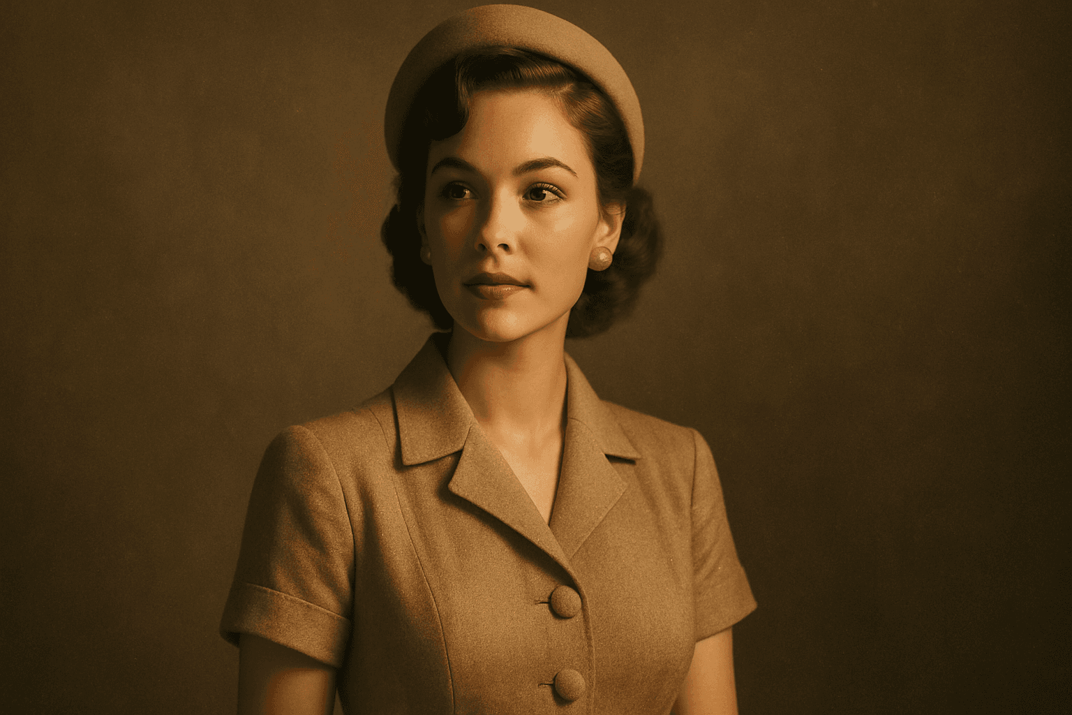 Portrait of a young woman in 1950s fashion with subtle vintage film grain texture enhancing warmth and nostalgic style
