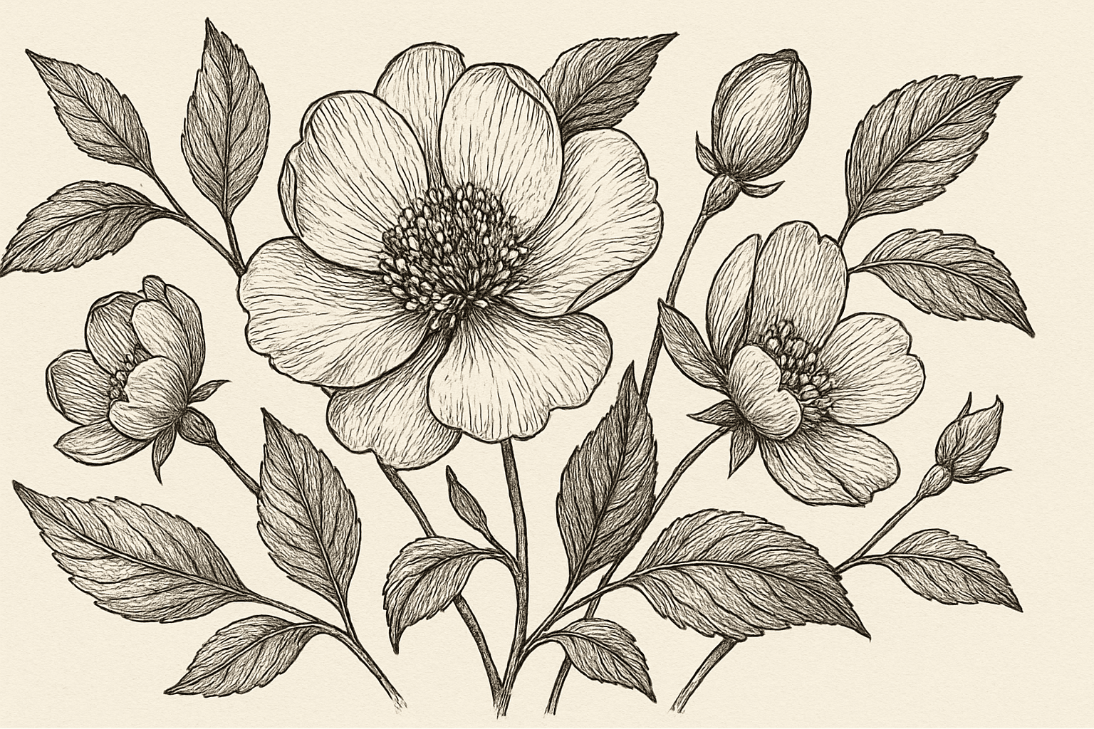 Elegant vintage linework style botanical illustration with fine black ink lines on off-white background