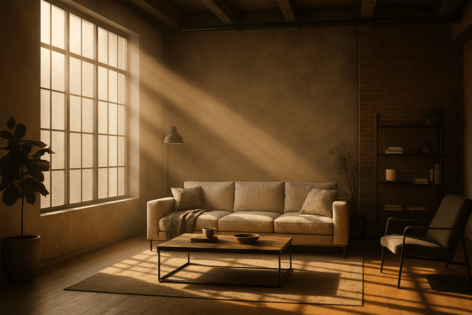 Interior scene with warm volumetric light beams filtering through large windows, highlighting dust particles