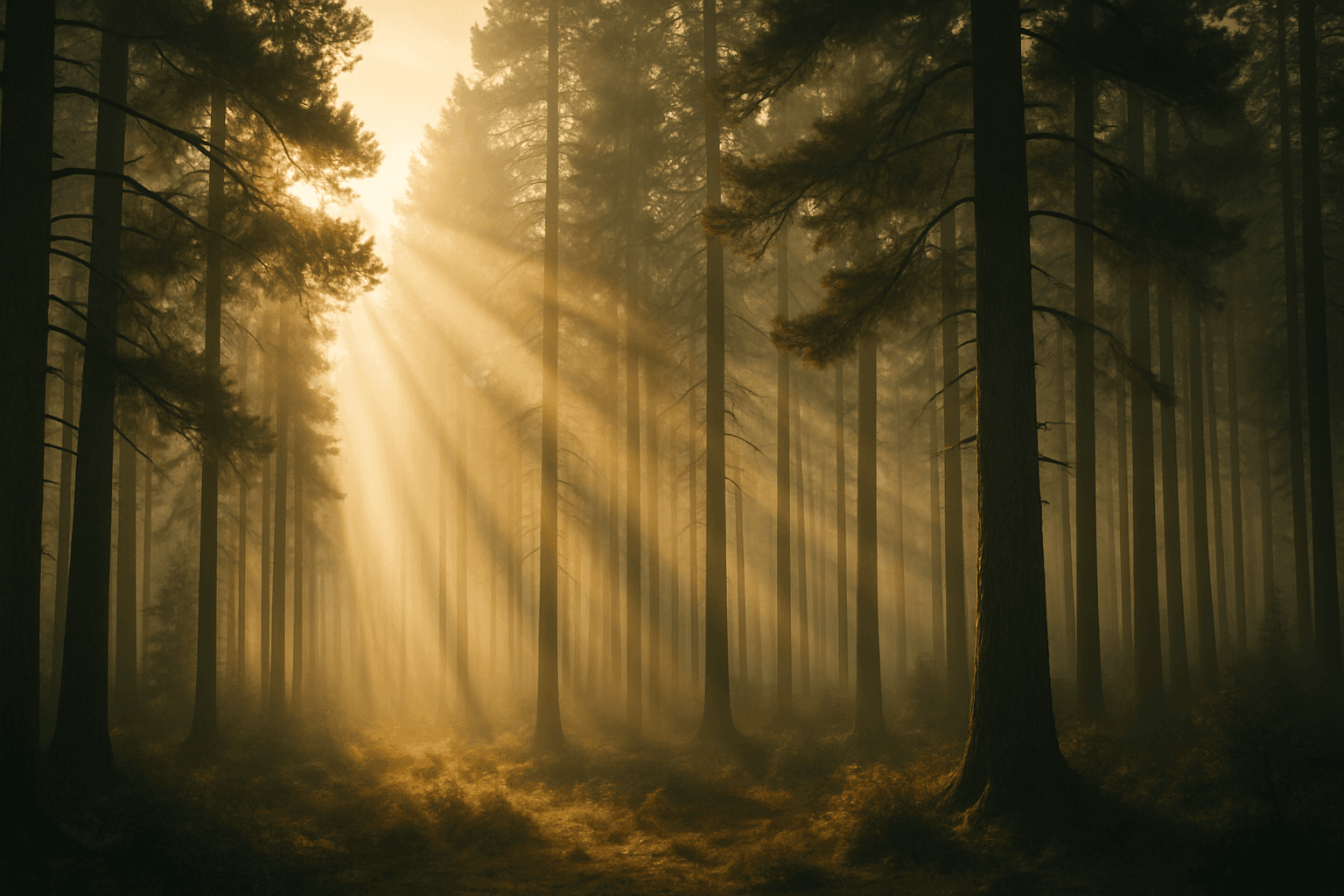 Forest scene with sun volumetric light rays piercing through tall pine trees and mist