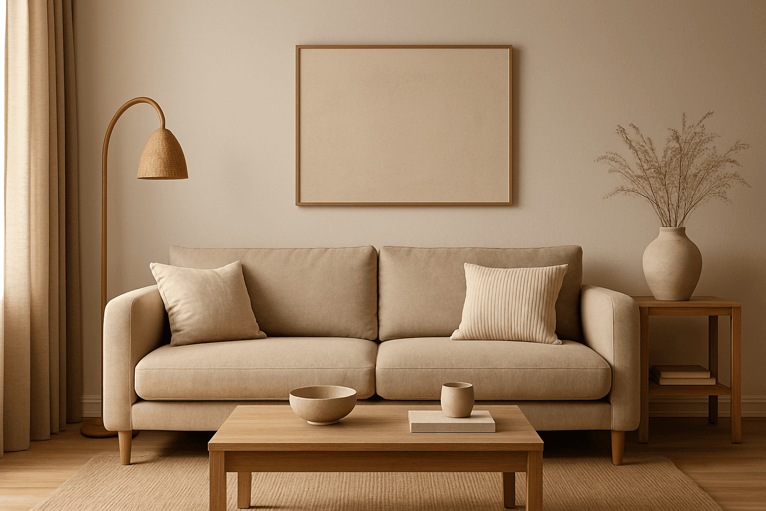 Elegant interior scene featuring warm neutral palette colors and soft natural light
